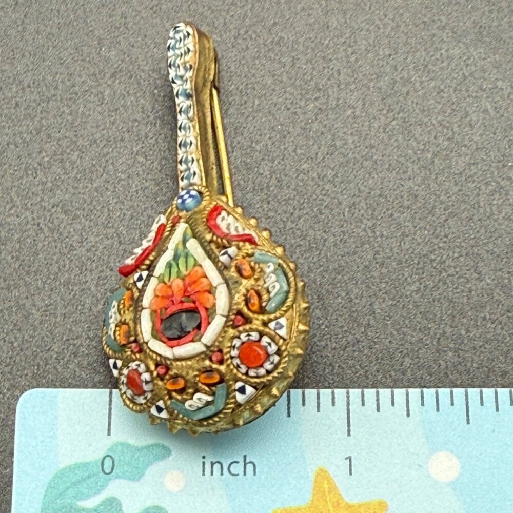 Vintage Italian Brooch Micro Mosaic Mandolin Guitar Pin Gold Tone Italy 1 3/4" - Picture 11 of 11